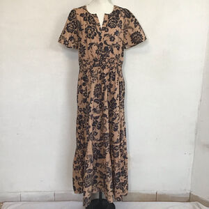 Anthropologie Tan and Black Floral Maxi Dress